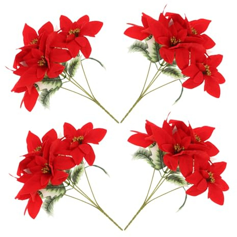 Cabilock 4 Pièces Lot de Bouquets de Fleurs Artificielles Poinsettia Rouge Vif Décorations de Noël Réalistes et Résistantes Faciles à Entretenir pour Intérieur et Fêtes
