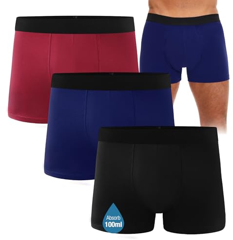 FORVEVO 3 Pack Mutande Incontinenza Uomo,Cotone Boxer Incontinenza Uomo de 100ml,Mutande Assorbenti Uomo Intimo a Prova di Perdite,Riutilizzabile Mutande Uomo(Nero&Navy&Rosso,3XL)