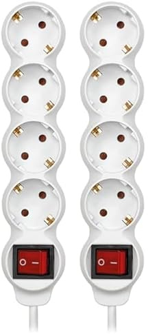 Simon - Base Múltiple, Regleta de Enchufe Plano, 4 Tomas de 16A, Ladrón de Enchufes con Toma de Tierra e Interruptor ON/Off, Cable de 1,5 Metros, Color Blanco (Paquete de 2)