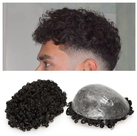 Für Männer Echthaar-Männer-Kapillarprothese, 0,12-0,14 mm Voll-PU-Dünnhaut-Männer-Toupet 6 Zoll Afro-Locken-Haarersatzsystem Haareinheiten Perückenkopf