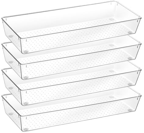 Vtopmart 4 Pack 15 X 6 Kitchen Drawer Organizers, Clear Plastic Drawer Organizer Tray, Storage Bins for Flatware, Silverware, Utensil, Cutlery