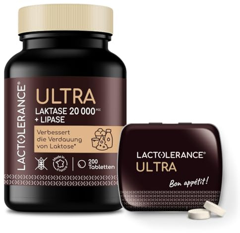 LACTOLERANCE ULTRA - Alta concentración de lactasa (20.000 FCC) y lipasa (500 UI) - Doble acción para la digestión de lactosa y grasas - Pack de 236 comprimidos - Fabricado en Francia