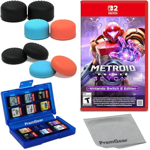 Metroid Prime 4: Beyond for Nintendo Switch 2 Edition (US Version), with PremGear Thumb Grips (8 pack, 3 colors, 2 Heights - 3mm, 7mm), 24 Slot Game Card Holder & Cleaning Cloth