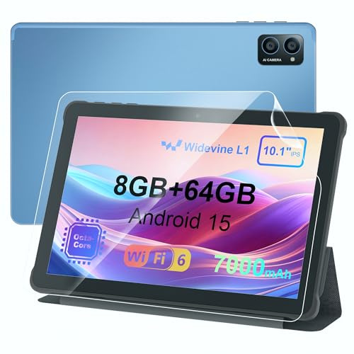 AWOW Tablet 10 Zoll Android 15: 2026 Neueste 7000mAh Octa-Core 8GB RAM+64GB 1TB TF Tablet PC mit WiFi 6 2.4G/5G Bluetooth 5.0 1280 * 800 FHD GMS Dual Kamera mit Hülle und Schutzfolie