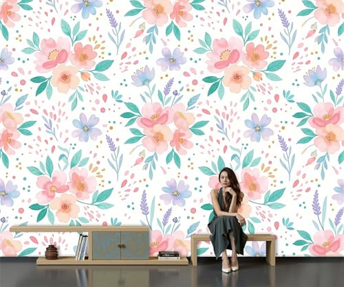 Panorama Carta Da Parati Fiori Acquerellati Carini Colori Pastello, Fotomurale Piante Primaverili Per Camera Da Letto Decorazioni Parete, Carta Parati Effetto 3D Decorativi Wallpaper, 450X315Cm