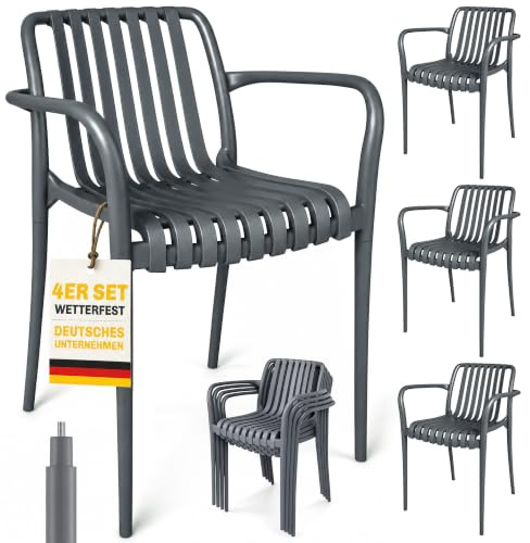 Outsunny Gartenstühle 4er Set Stapelbare 55 x 58,5 x 81,5 cm Dunkelgrau | Terrassenstühle mit Lamelldesign Armlehnen, Ergonomisch, Balkonstühle bis 120 kg, Stapelstühle für Garten, Balkon, Terrasse
