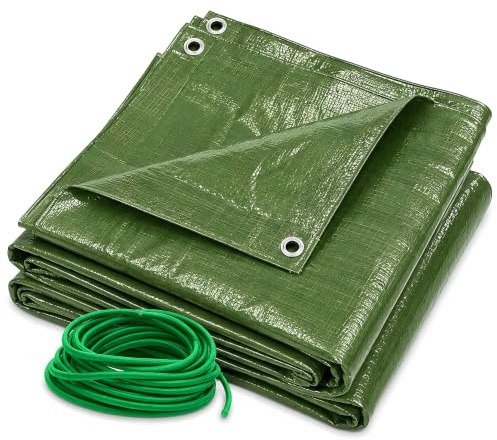 Green Tarpaulin 3 x 4m Heavy-Duty Waterproof 90gsm with 10m Elastic Tie Rope - Tarp Sheet Cover for Garden Furniture, Logs, Camping Groundsheet, Building Materials, Trailer, Temporary Outdoor Use