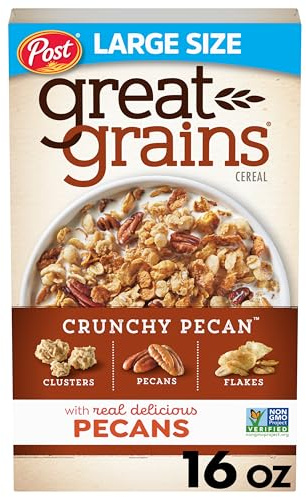 Great Grains Crunchy Pecans Breakfast Cereal for Adults, Crispy Flakes and Granola Clusters, Non-GMO, Heart Healthy, Made with Whole Grain, 16 oz Box