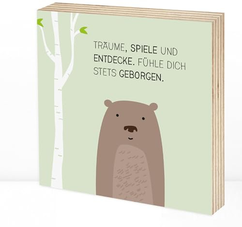 Wunderpixel® Holzbild Brumm-Bär - 15x15x2cm zum Hinstellen/Aufhängen, echter Fotodruck mit Spruch Illustration auf Holz - Wand-Bild Aufsteller zur Dekoration im Kinderzimmer oder Geschenk-Idee