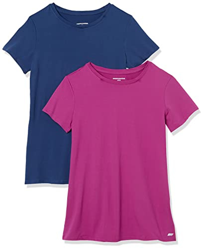 Amazon Essentials Damen Schnelltrocknendes Kurzärmliges Sport-T-Shirt aus Tech Stretch mit Rundhalsausschnitt, 2er-Pack, Blau/Orchideenviolett, XXL