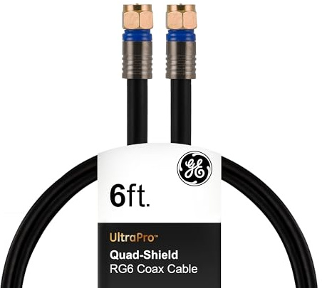 GE 33528 - Cavo coassiale RG6 da 1,8 m, connettori F, cavo coassiale con schermatura quadrupla, digitale da 3 GHz, ideale per antenna TV, DVR, VCR, satellite, decoder via cavo, Home Theater, colore: