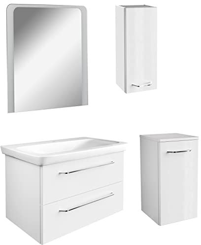 FACKELMANN weißes Hochglanz Badmöbel Set 5-TLG. Milano hängend komplett Keramikbecken 80 cm & LED Badspiegel