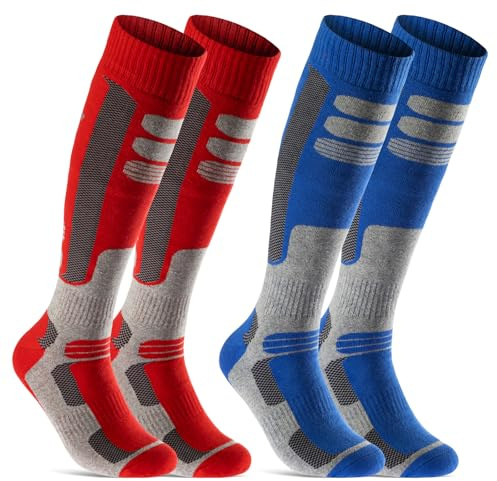 sockenkauf24 2 paires de chaussettes de ski et snowboard au genou pour hommes et femmes Chaussettes de respirantes Chaussettes thermiques au genou (Bleu | Rouge, 43-46)
