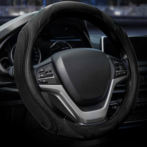 Auto Leder Lenkradbezug - Sport Universal 37-38cm Lenkradbezug, Anti-rutsch Atmungsaktives Lenkradbezug, Schwarz