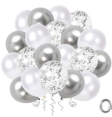 Ballon Blanc et Argent, 50 pièces 12 pouces Argent Confettis Ballons de Fête en Métal Chromé Argenté avec Ruban Argenté pour Décorations de Douche de bébé d'Anniversaire de Mariage