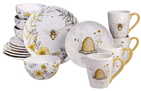 Bee Sweet 16-Piece Ceramic Dinnerware Set – Service for 4, Farmhouse Bee and Floral Design, Includes 4 Dinner Plates, 4 Salad Plates, 4 Bowls, 4 Large Mugs – Microwave & Dishwasher Safe