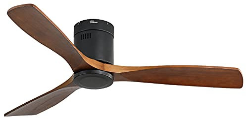 Sofucor 52 Inch Solid Wood Ceiling Fan Without Lights Flush Mount Ceiling Fan with Remote Control-Wood Blades Modern Outdoor Ceiling Fans No Light for Bedroom/Farmhouse/Patio/Indoor, Brown Black