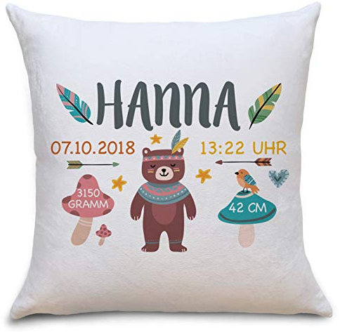 OWLBOOK Geburtskissen Bär Boho Flauschiges Kissen mit Namen und Geburtsdaten Geschenke Geschenkideen zur Geburt Baby Kind Mädchen Junge zum Geburtstag