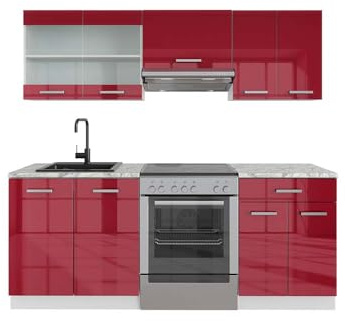 Vicco Küchenzeile R-Line, Rot Hochglanz/Weiß, 200 cm