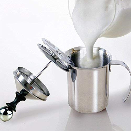 LANTRO JS Mini mousseur à lait en acier inoxydable avec intérieur antiadhésif pour café, frappe, matcha, chocolat chaud (argenté) (800 ml)