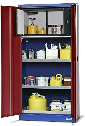 Chemikalienschrank mit Bodenwanne aus Stahlblech, 950 x 1950 x 500 mm, zur Lagerung entzündbarer Flüssigkeiten, mit Sicherheitsbox