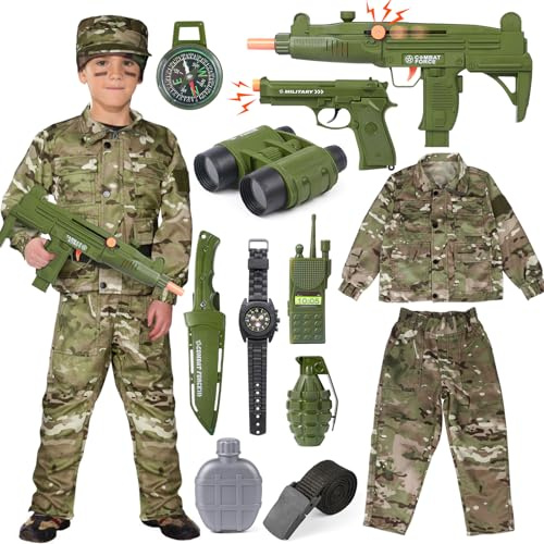 vamei 13pcs Déguisement Militaire Garçon Costume Militaire Enfant Costume Armée Garçons Costume Soldat Enfant avec Talkie-Walkie Mitraillette Chapeau Camouflage pour Enfants Garçons Filles