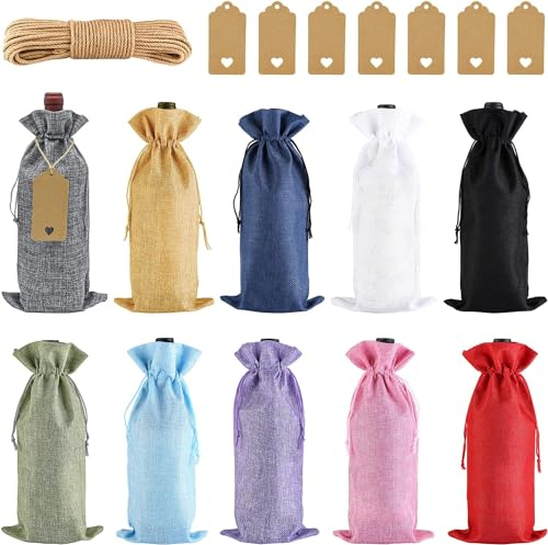 Weinbeutel, 10 Farben Flanell Weinbeutel Wiederverwendbare Weinflasche Geschenktüten mit Kordelzug zur Aufbewahrung und Verpackung von Wein und Whisky mit 10 Anhänger und 1 Rolle Hanfseil