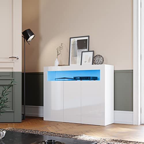 SIRHONA Buffet 3 Portes Blanc avec Lumières LED - Commode Armoire de Rangement pour Salon et Cuisine, 116x35x93 cm