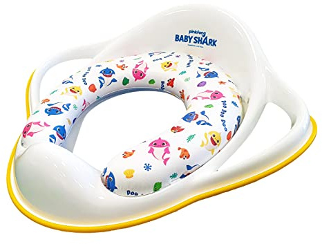 Baby Shark Soft Padded Toilet Training Seat – Non‑Slip Toddler Toilet Trainer with Removable Cushion, Lightweight & Portable, Easy‑Clean Hygienic Plastic, Fits Standard Toilets, White