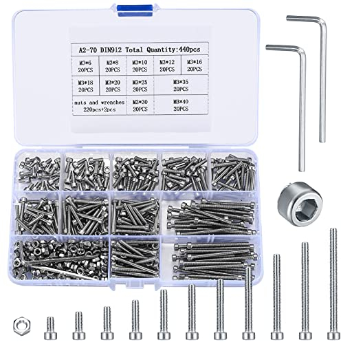 440 Stück M3 Schrauben Muttern Sortiment Set, Sechskopf-Knopf Zylinderschrauben mit Innensechskant Gewindeschrauben mit Muttern, Sechskantschrauben, Edelstahl Maschinenschrauben