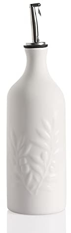 Sweejar Ceramic 20 Oz Olive Oil Dispenser Bottle, Relief Opaque Oil Cruet, Suitable for Storage Oil, Vinegar, Soy Sauce, Coffee Syrup, Liquids, Set of 1 (White)