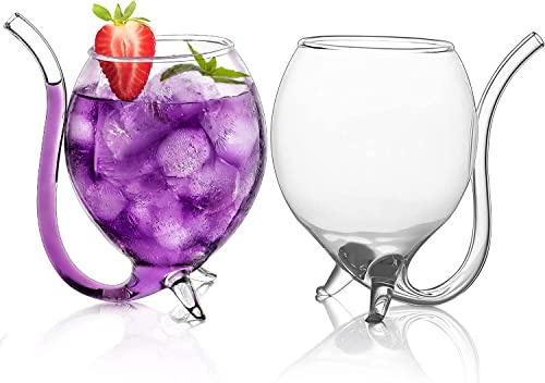 TINGJUNN 2 Piece Set of 10oz Creative Wine Glasses with Straws, Cocktail Glasses for Juice, Wine, Suitable for Home, Party, Bar, Club.