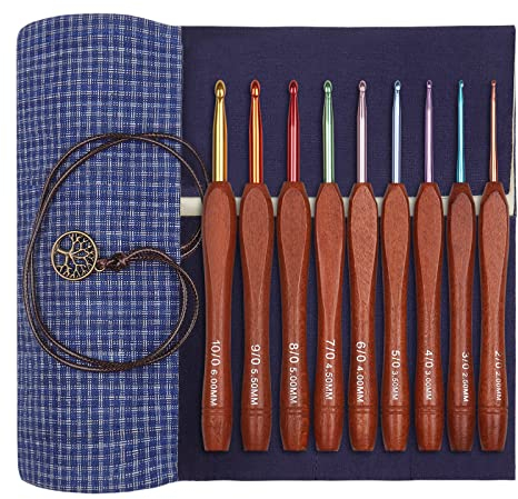 Aeelike Holzgriff Häkelnadel Set, 9 Stück Ergonomische Häkelnadeln mit Schön Tasche für Arthritische Hände, 2,0-6,0 mm Leichte Starter Häkelnadeln mit Bunte Aluminium-Hakenkopf für Anfänger, Profis