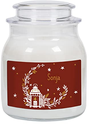 Herz & Heim® Kleines Weihnachts-Geschenk Duftkerze mit persönlichem Etikett ca. 9,5 cm x 13 cm (Ø/H), Laterne
