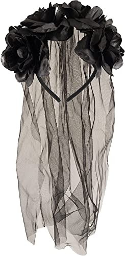 The Fancy Dress® Lång svart slöja med svarta blommor halloween hårband gotisk brud slöja de dödas dag tillbehör fin klänning håraccessoar för vuxna