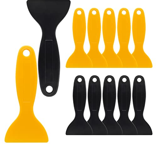 Suiwotin 12pcs Plastic Spatula Scraper, Plastic Putty Scraper Air Bubble Remover, Paint Spatula Scraper Cleaner, Resin Print Scraper Sticker Installation Tool for Decal, Grout Removal (Black, Yellow)