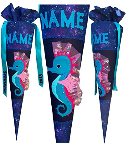 Seepferdchen Schultüte passend zum Step by Step Star Seahorse Zoe, für Mädchen, genäht, mit Name versehen