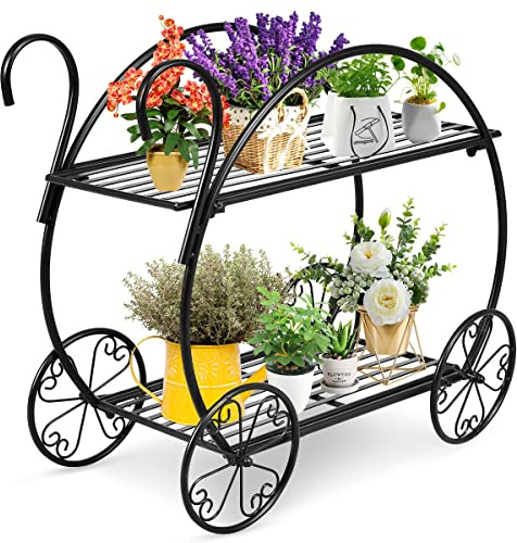 GYMAX Scaffale Porta Piante in Ferro, Portafiori per Giardino, Nero (Stile 1-66 x 34 x 62 cm)