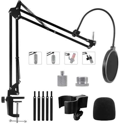 Mikrofon Ständer Boom Arm, Einstellbarer Mikrofonarm für Blue Yeti, Yeti Nano, Elgato Wave, HyperX QuadCast, Fifine AM8 und Mehr Mic mit 3/8 bis 5/8 1/4 Schraube, Pop Filter, Mikrofonclip