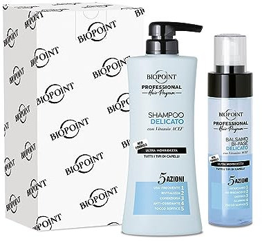 Biopoint Professional Hair Program - Kit DELICATO per Lavaggi Frequenti, contiene Shampoo 400ml + Balsamo Instantaneo Bi-fase SENZA RISCIACQUO 200ml, Illumina e Districa i capelli velocemente