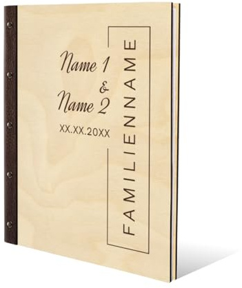 Kartenmachen.de Personalisiertes Stammbuch Hochzeit aus echtem Holz mit Leder Rücken A5 oder A4 inkl. vorgedruckten Seiten - Familienname