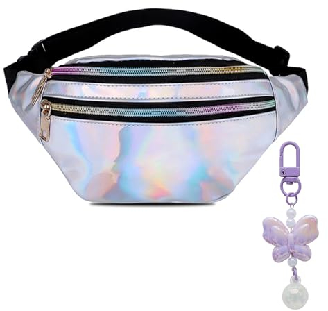 Moguri® Glitzer Gürteltasche für Kinder, Mädchen, Damen Wasserdicht, modisch,mit Lila Laser Schmetterlings Schlüsselanhänger,Geeignet für Partys,Silber