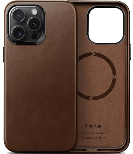 kingflag Leder Hülle für iPhone 15 Pro 6,1 Zoll - Ölwachs-Oberleder Handyhülle extra Dünn Kompatibel mit MagSafe Metallknöpfen (Vintage Braun)