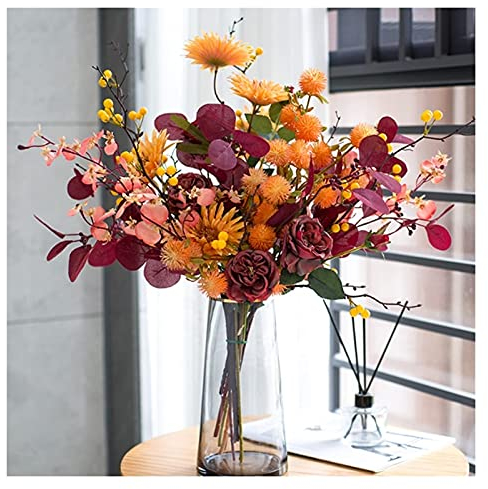 SaVgu Kunstblumen Künstliches Blumenset, Kunststoffrosen und graue Glasvasen, Blumensträuße, Blumenarrangements, Heimhochzeiten, Büro- und Hoteldekoration (Farbe: A+Vase) (A+Vase) (B+Vase) Hallo