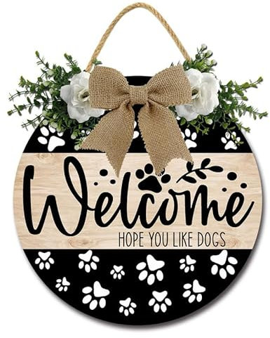 Geroclonup Welcome Sign for Front Door Hope You Like Dog Door Sign Welcome Wreath Front Door Hanger Farmhouse Dog Paw Print Front Porch Decor with Greenery and Buffalo Bow for Holiday 30cm