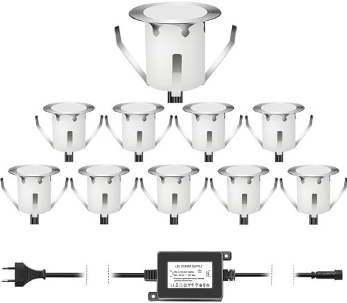DarisingSun 10 Kit Spots Extérieur Encastrable LED pour Terrasse Enterré Plafonnier,LED Encastrable 0.6W IP67 DC12V Etanche,Lampe Extérieur Pour Chemin,Escalier,Piscine,Cour,Salle de Bain Blanc Chaud