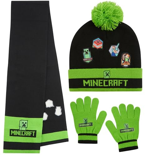 Minecraft Mütze Kinder Set mit Beanie & Handschuhe oder Winter Mütze, Handschuhe mit Schal, Creeper Geschenke für Jungen (6-14 Jahre, Grün/Schwarz Minecraft)