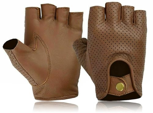 COLOURLINX Fingerlose Herren-Lederhandschuhe, Halbfinger, Fahren, Radfahren, Fitnessstudio, Rollstuhl, Motorrad, Sommer, Biker-Handschuhe, weiches echtes Lammleder, Hellbraun, Größe L