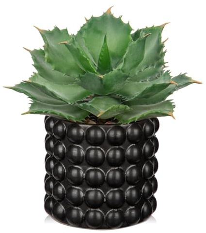 Hollyone Suculentas Falsas en Maceta de Burbujas Negra, 8.6 Pulgadas de Agave Artificial Esmerilado, Plantas Artificiales para decoración del hogar, Escritorio de Oficina, alféizar de Ventana, baño