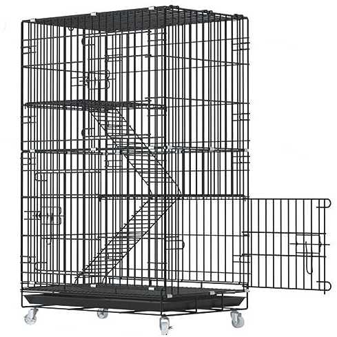 Großer Katzenkäfig mit kostenloser Hängematte & Rampenleitern – 4-stöckiger Katzenlaufstall aus Metalldraht – Faltbare Katzenbox für Indoor-Katzen, Katzengehege mit einfacher Montage
